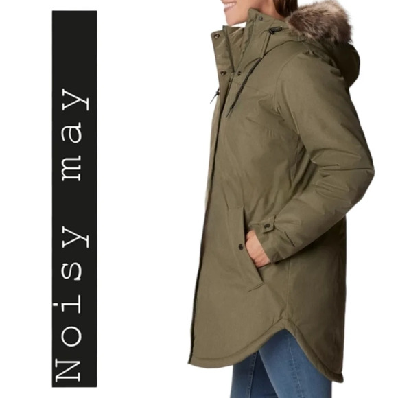 Noisy may Jackets & Blazers - Noisy May Army Military Khaki Green Parka Coat Faux Fur Trim Hooded Long Size M